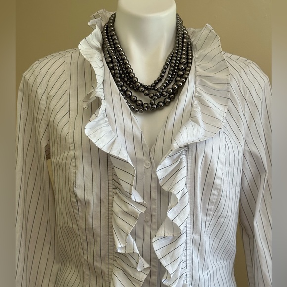 Loft Ann Taylor White With White & Black Stripes Button Down ruffle Blou… - Picture 3 of 12